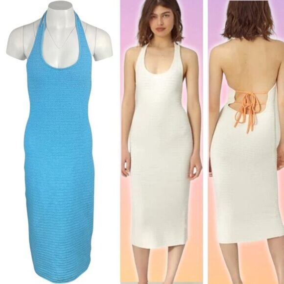 WILFRED Aritzia Phair Halter Dress Sz Large Aqua Blue - Picture 1 of 6